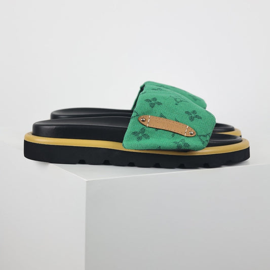 L***V Emerald Green Monogram Canvas Gold Bar Platform Slide Sandals — 2024 Spring Summer Boutique Limited Edition