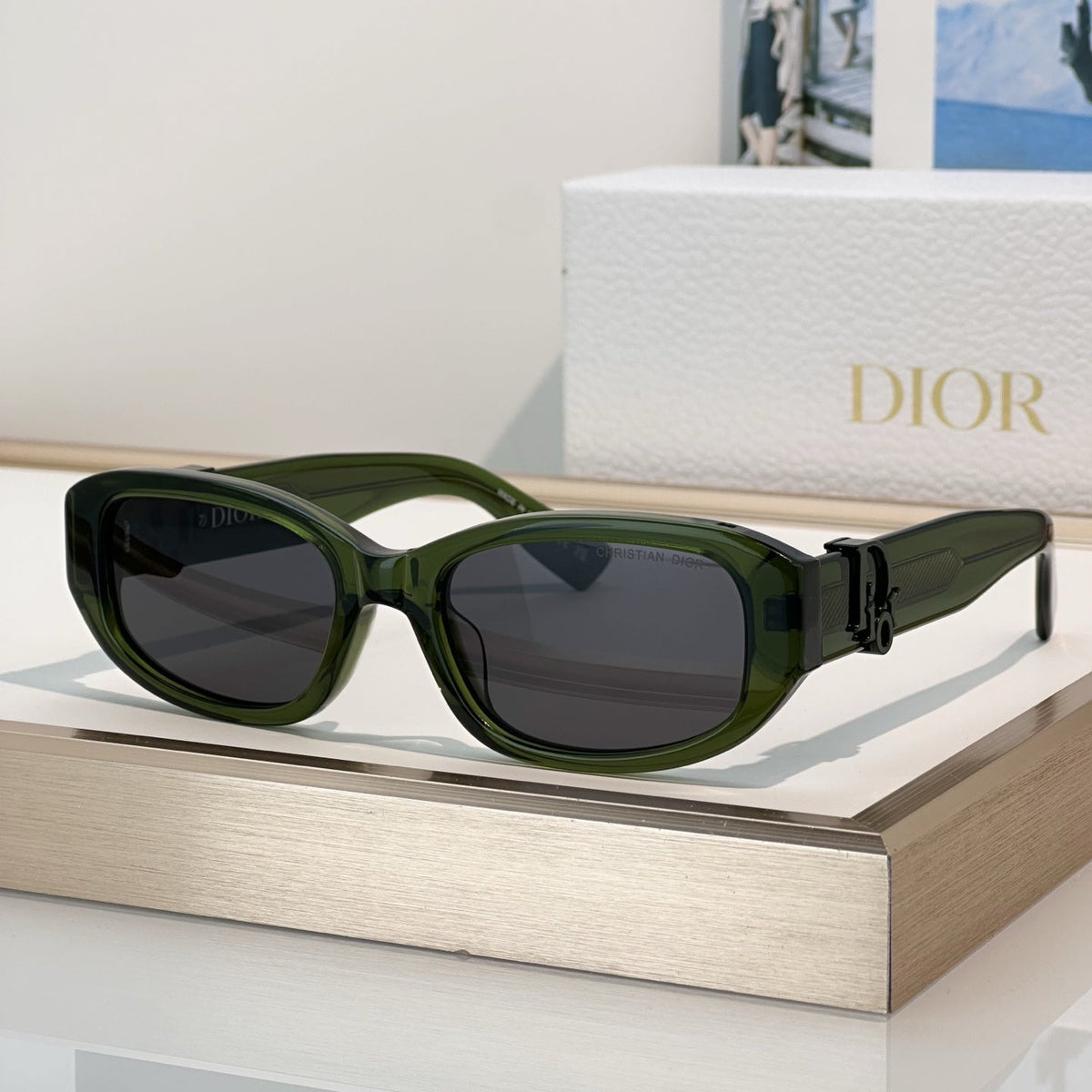 D**R Slim Rectangular Oval Sunglasses with Thick Glossy Black Acetate Frame, Dark Grey Lenses & Gold CD Script Logo Hardware