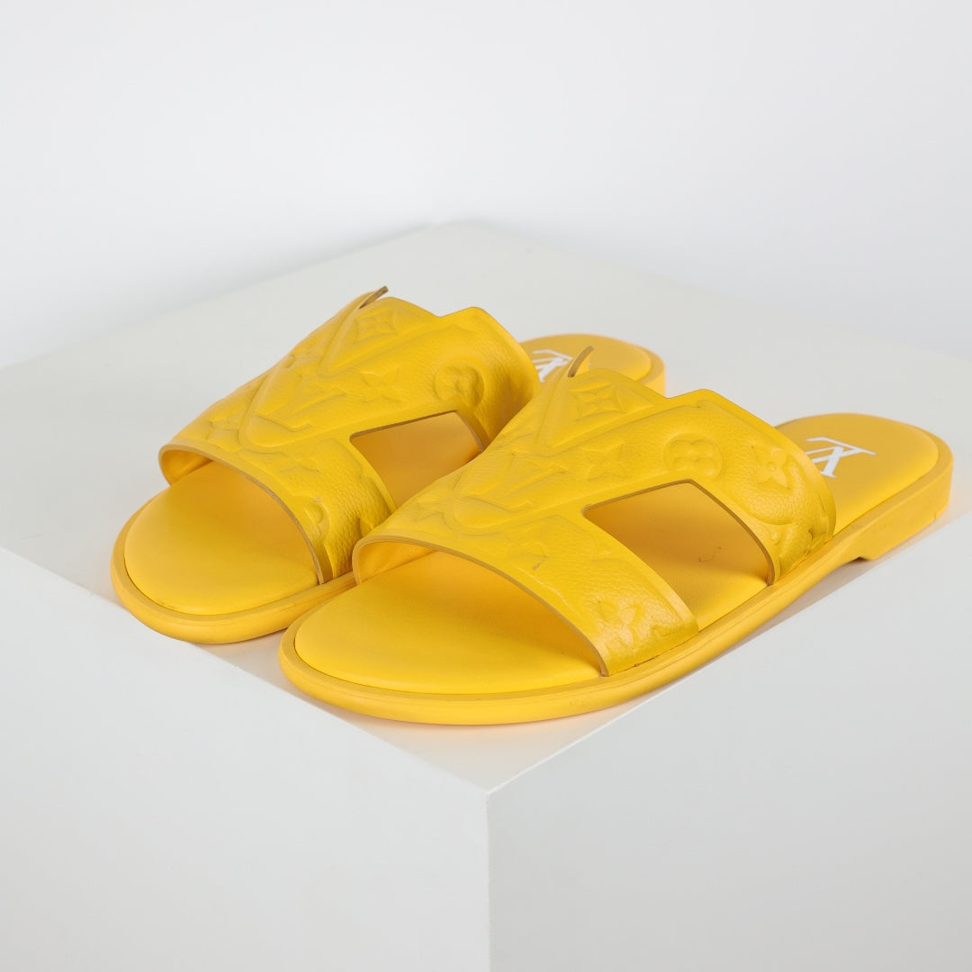 L***V Lemon Yellow Smooth Leather H-Strap Multi-Band Oasis Flat Slide Sandals — Spring Summer Boutique Limited Edition