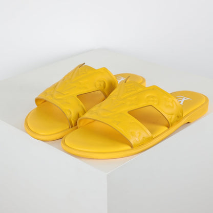 L***V Lemon Yellow Smooth Leather H-Strap Multi-Band Oasis Flat Slide Sandals — Spring Summer Boutique Limited Edition
