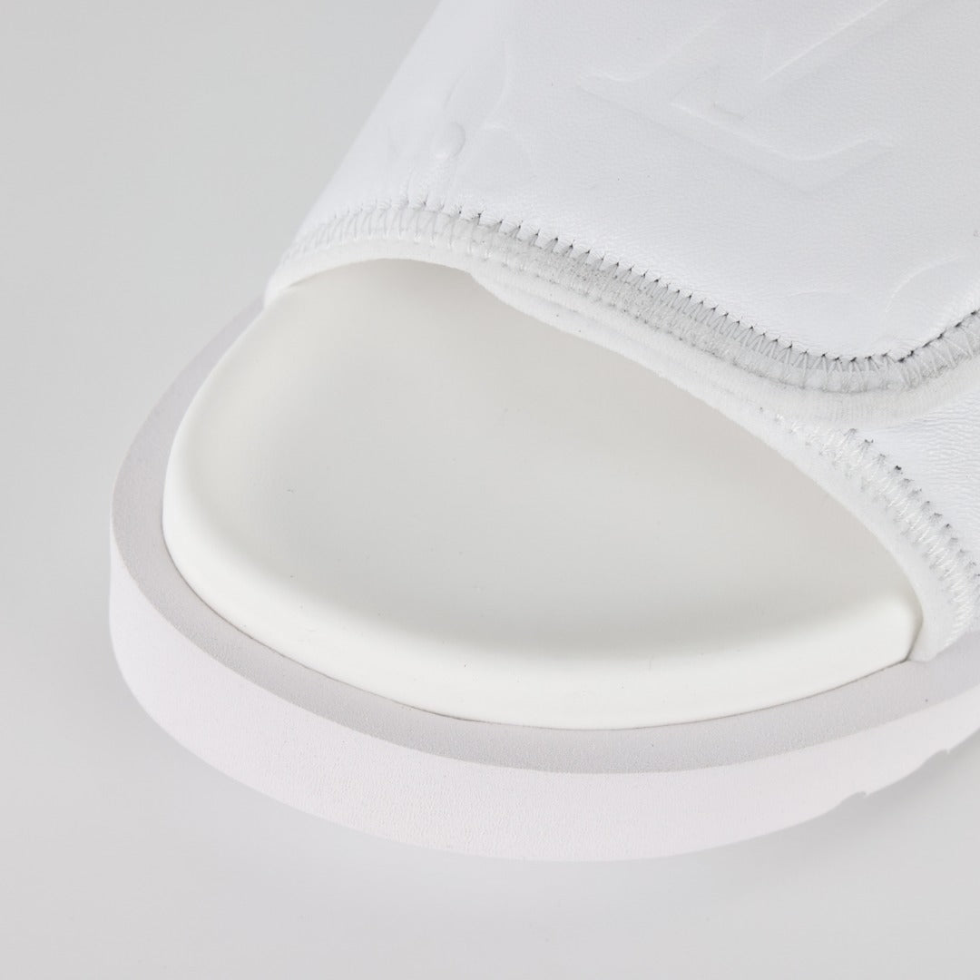 L***V All-White Inflated Pillow Leather Wide Strap Miami Slide Sandals — Spring Summer Boutique Limited Edition