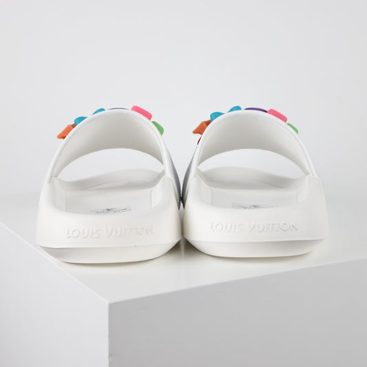 L***V Rubber Pool Slide Sandals — SS23 Limited Edition 3D Logo Charm Slip-On Beach Slippers (White)