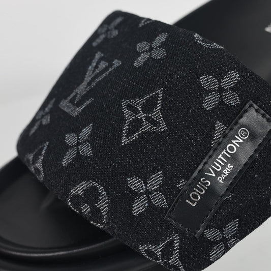 L***V All-Black Tonal Monogram Double Strap Flat Slide Sandals — 2024 Spring Summer Boutique Limited Edition