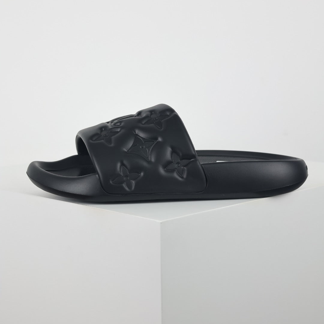 L***V All-Black Tonal Monogram Embossed EVA Waterfront Wide Strap Slide Sandals — Spring Summer Boutique Limited Edition