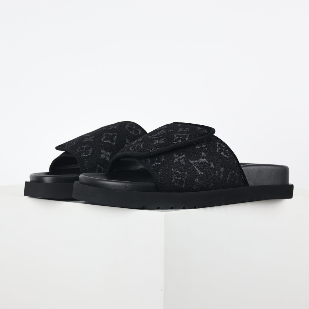 L***V All-Black Tonal Monogram Jacquard Twisted Bow Ruched Strap Miami Slide Sandals — Spring Summer Boutique Limited Edition