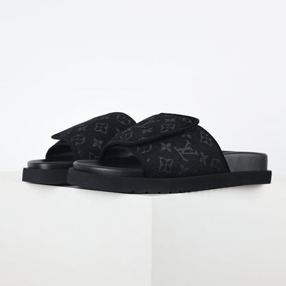 L***V All-Black Tonal Monogram Jacquard Twisted Bow Ruched Strap Miami Slide Sandals — Spring Summer Boutique Limited Edition