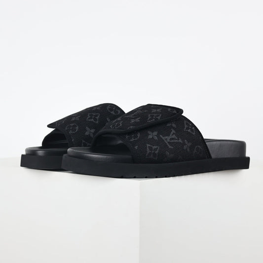 L***V All-Black Tonal Monogram Jacquard Twisted Bow Ruched Strap Miami Slide Sandals — Spring Summer Boutique Limited Edition