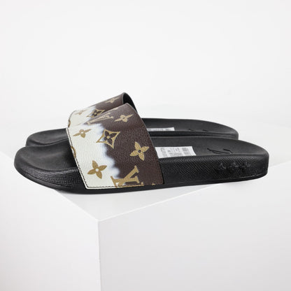 L***V Brown Cream Split Colorblock Monogram Waterfront Wide Strap Slide Sandals — Spring Summer Boutique Limited Edition