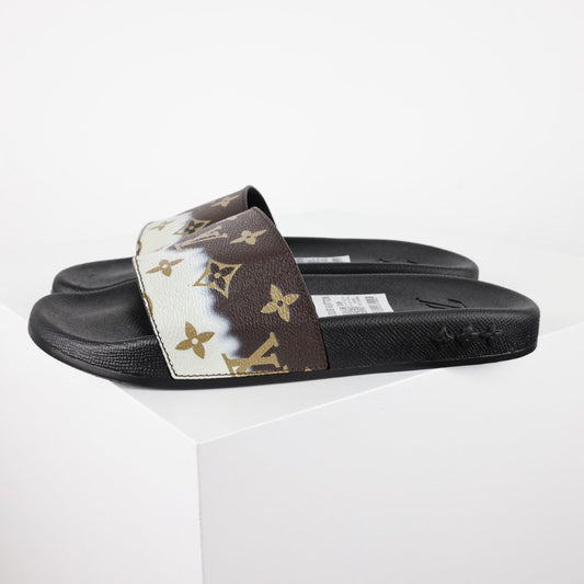L***V Brown Cream Split Colorblock Monogram Waterfront Wide Strap Slide Sandals — Spring Summer Boutique Limited Edition