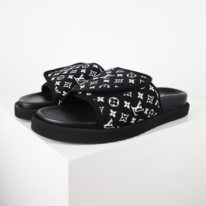 L***V Black White Monogram Woven Jacquard Slip-On Wide Strap Miami Slide Sandals — Spring Summer Boutique Limited Edition