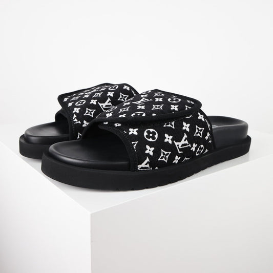 L***V Black White Monogram Woven Jacquard Slip-On Wide Strap Miami Slide Sandals — Spring Summer Boutique Limited Edition