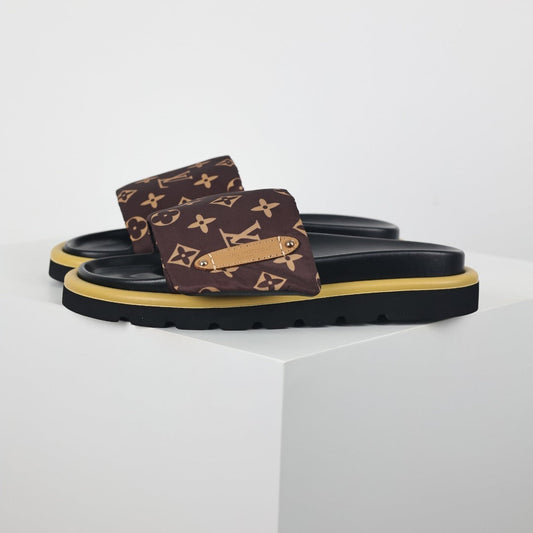 L***V Brown Classic Monogram Canvas Gold Safety Pin Platform Slide Sandals — 2024 Spring Summer Boutique Limited Edition