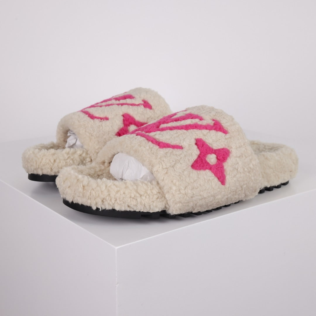 L***V Cream White Hot Pink Monogram Shearling Lambswool Single Strap Slide Sandals — Autumn Winter Boutique Limited Edition