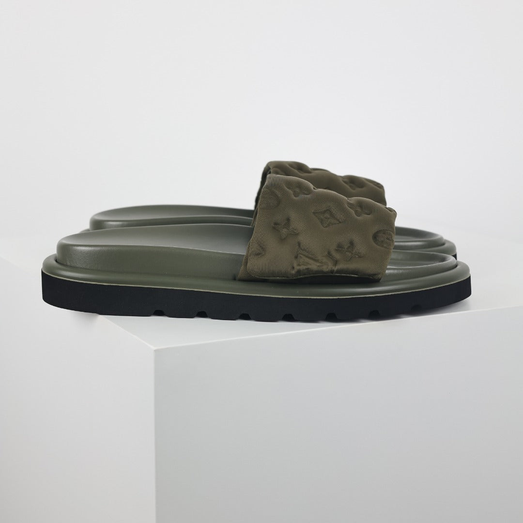 L***V Olive Green Tonal Monogram Puffy Quilted Wide Strap Flat Slide Sandals — 2024 Spring Summer Boutique Limited Edition