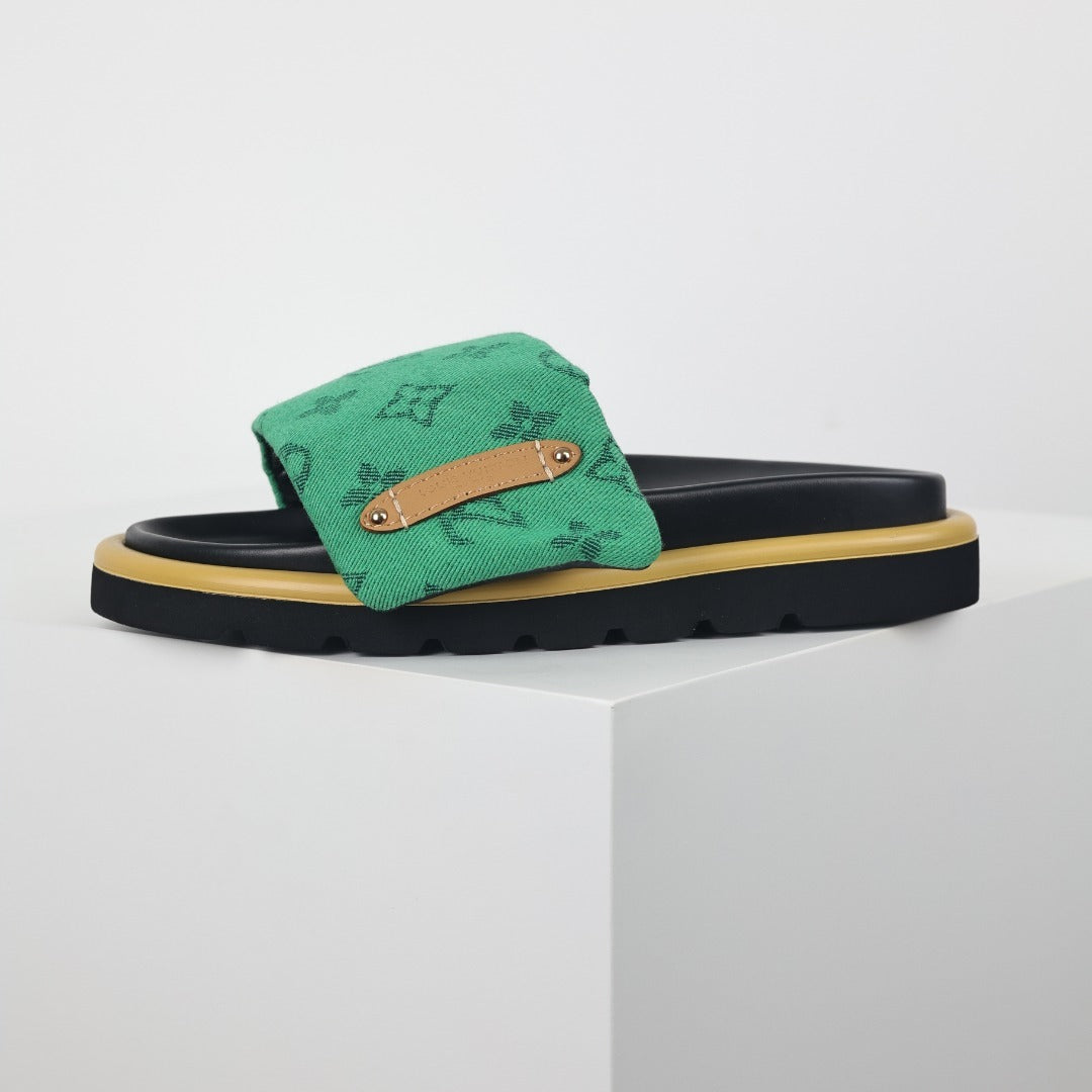 L***V Emerald Green Monogram Canvas Gold Bar Platform Slide Sandals — 2024 Spring Summer Boutique Limited Edition