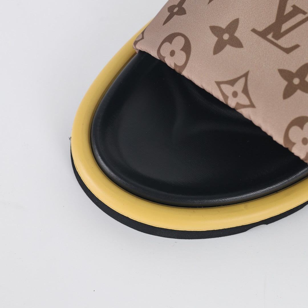 L***V Brown Classic Monogram Canvas Wide Strap Platform Slide Sandals — 2024 Spring Summer Boutique Limited Edition