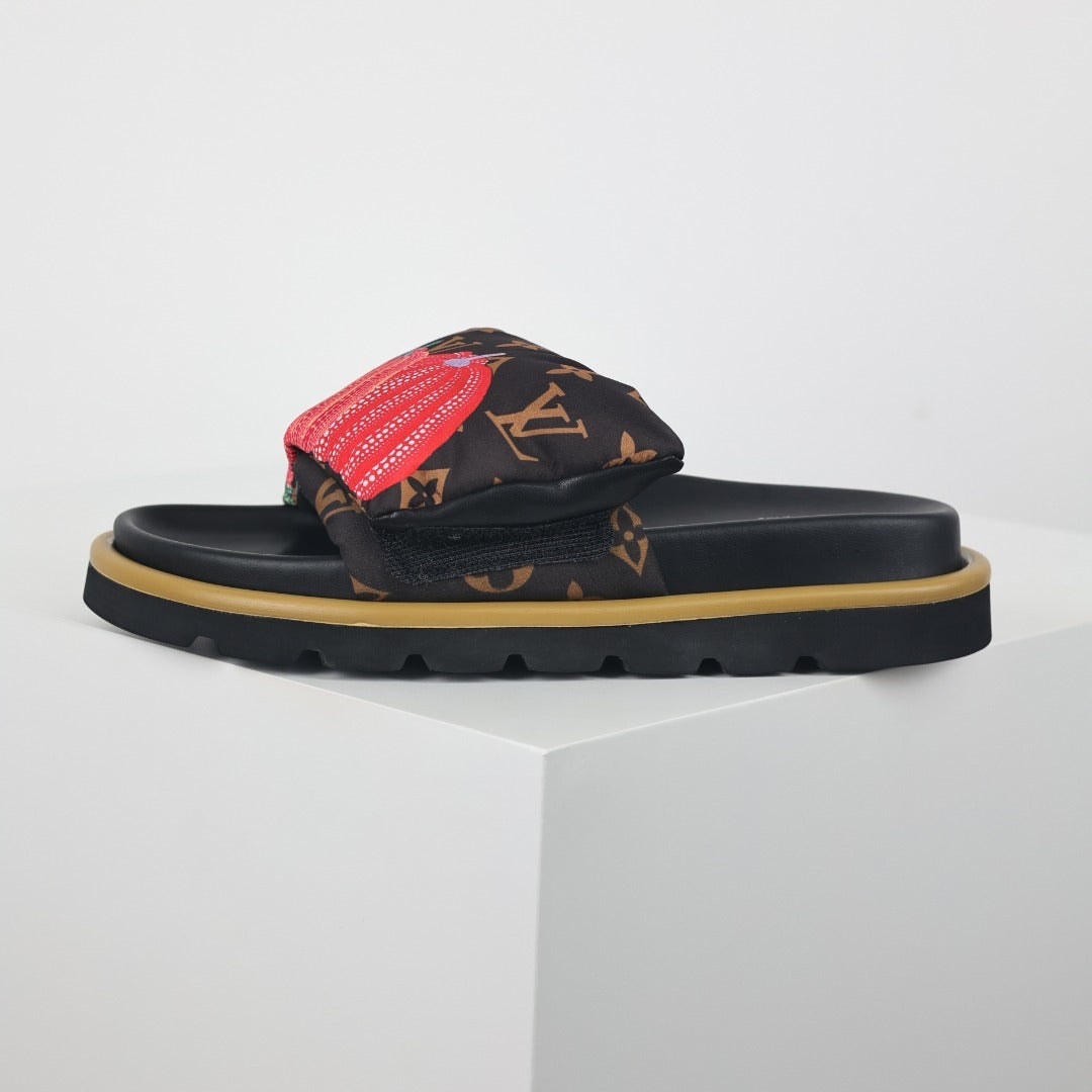 L***V Brown Monogram Canvas Multicolor Tassel Double Strap Platform Slide Sandals — Spring Summer Boutique Limited Edition