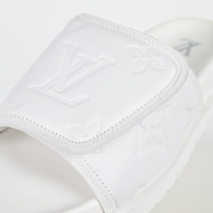 L***V Ivory White Inflated Pillow Leather Twisted Bow Ruched Strap Miami Slide Sandals — Spring Summer Boutique Limited Edition
