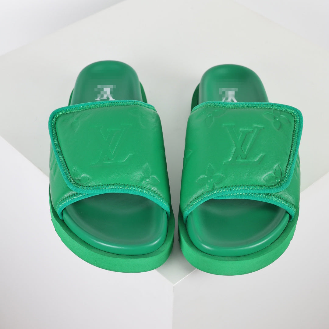 L***V Grass Green Inflated Pillow Leather Velcro Adjustable Wide Strap Miami Slide Sandals — Spring Summer Boutique Limited Edition