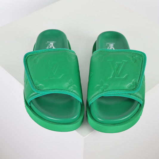 L***V Grass Green Inflated Pillow Leather Velcro Adjustable Wide Strap Miami Slide Sandals — Spring Summer Boutique Limited Edition