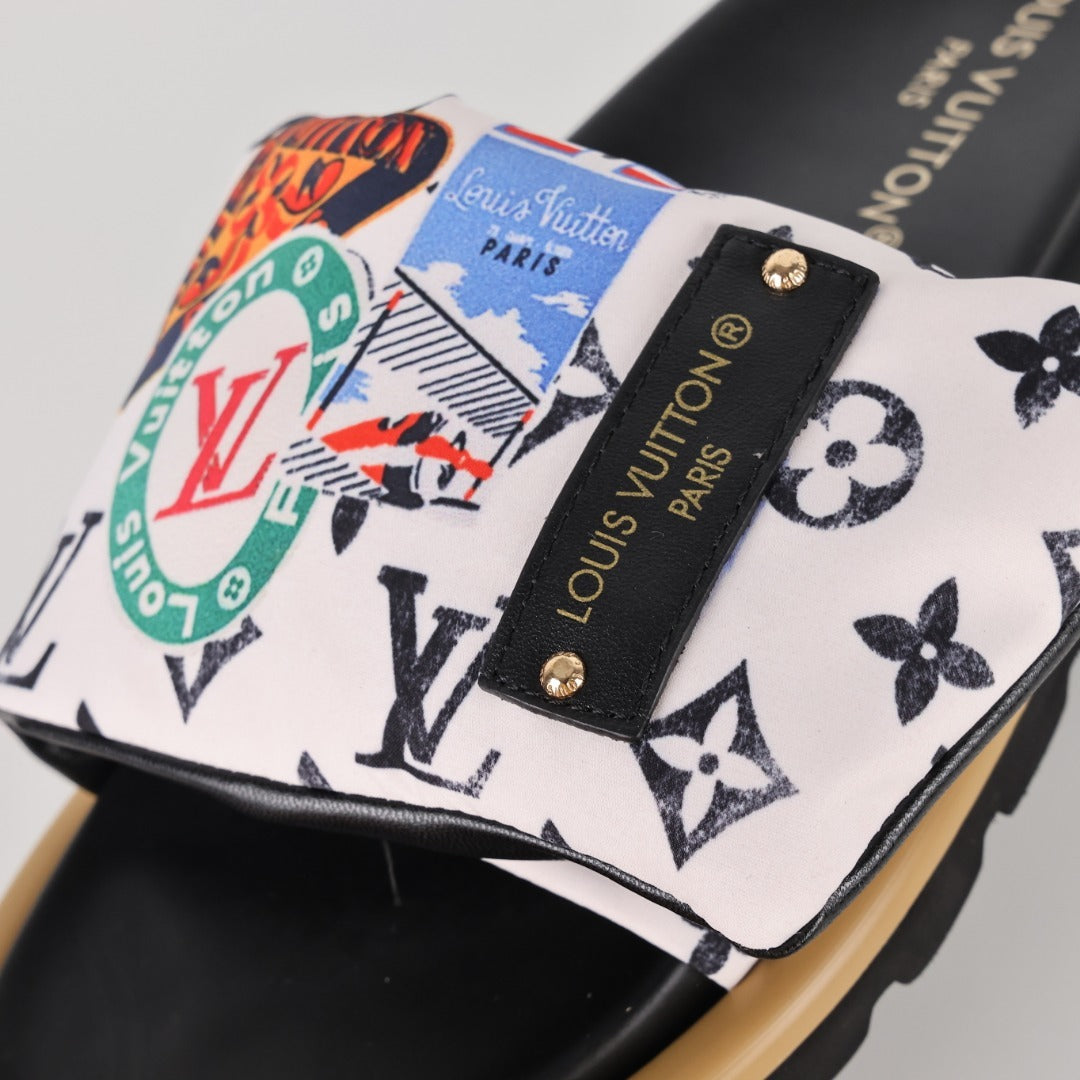 L***V White Multicolor Graffiti Monogram Velcro Adjustable Strap Slide Sandals — Spring Summer Boutique Limited Edition