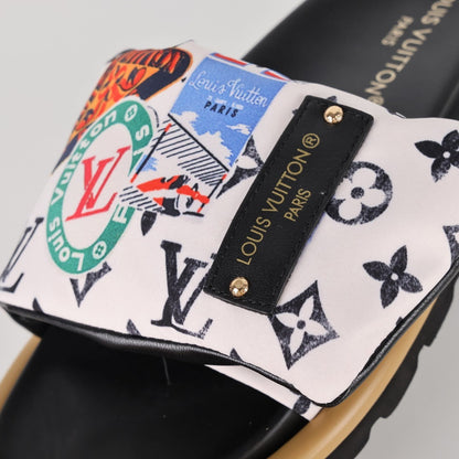L***V White Multicolor Graffiti Monogram Velcro Adjustable Strap Slide Sandals — Spring Summer Boutique Limited Edition