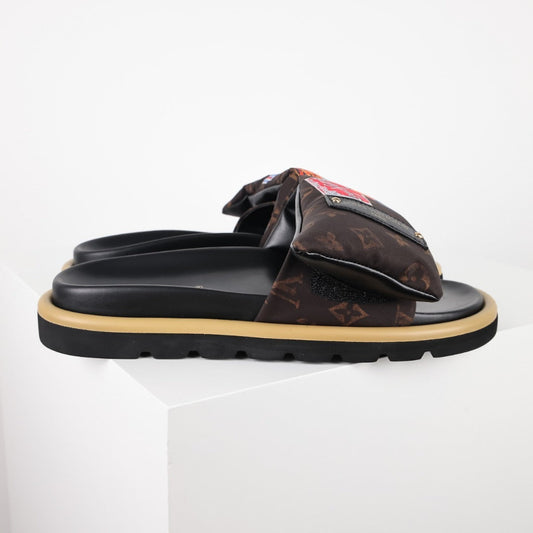 L***V Classic Brown Monogram Multicolor Cartoon Graffiti Print Wide Strap Slip-On Slide Sandals — Spring Summer Boutique Limited Edition