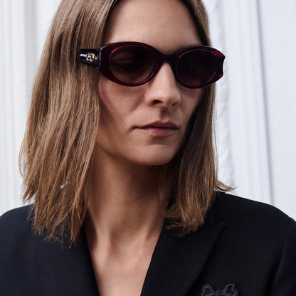 D**R Slim Oval Sunglasses with Burgundy Acetate Frame, Pink Gradient Lenses & Gold CD Logo Hardware