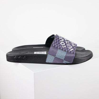 L***V Navy Blue Damier Jacquard LOUIS VUITTON PARIS Text Print Waterfront Wide Strap Slide Sandals — Spring Summer Boutique Limited Edition