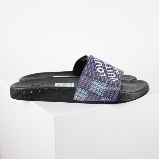 L***V Navy Blue Damier Jacquard LOUIS VUITTON PARIS Text Print Waterfront Wide Strap Slide Sandals — Spring Summer Boutique Limited Edition