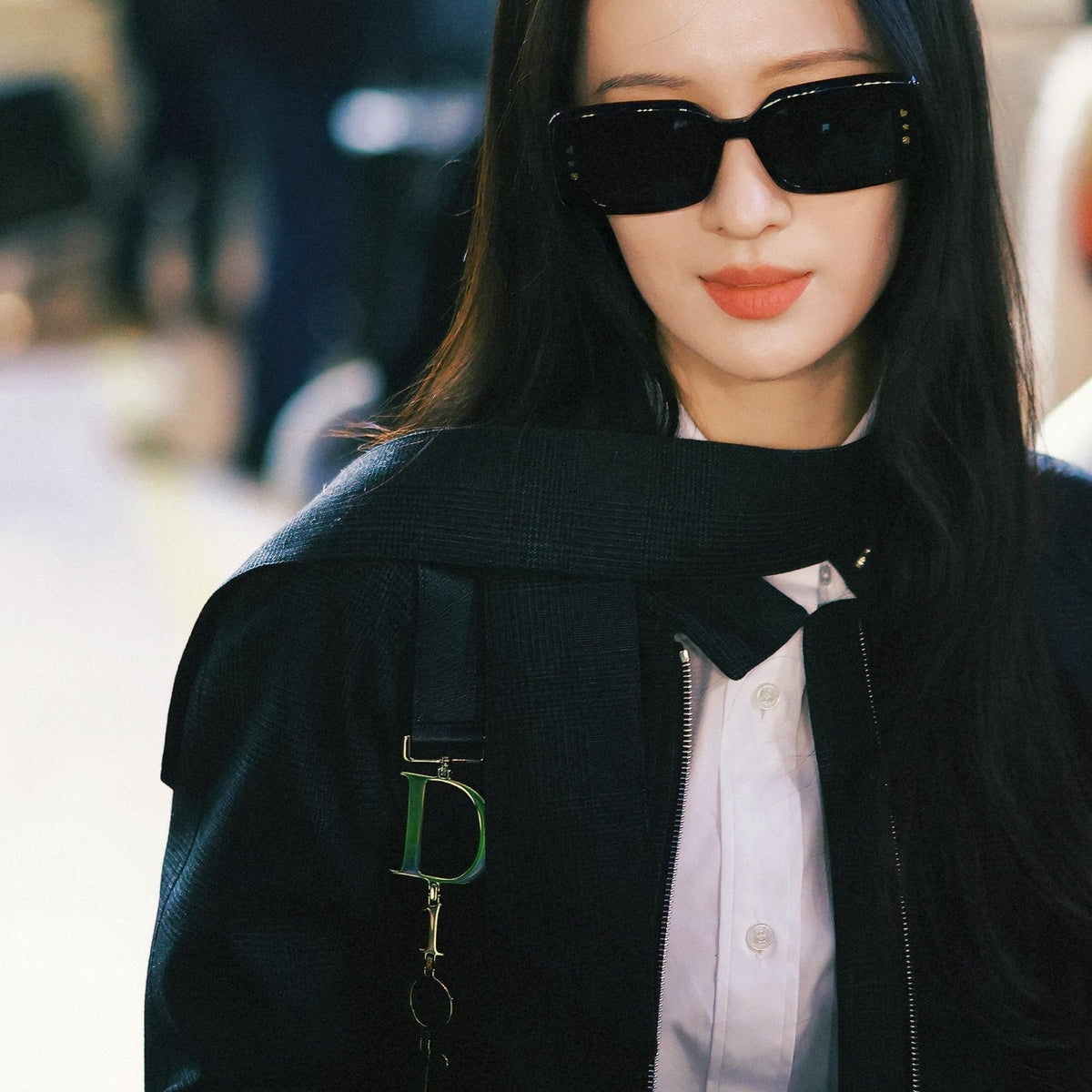D**R Slim Rectangular Sunglasses | Glossy Black Frame, Dark Grey Lenses & Silver Logo Temple