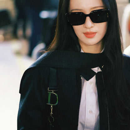 D**R Slim Rectangular Sunglasses | Glossy Black Frame, Dark Grey Lenses & Silver Logo Temple