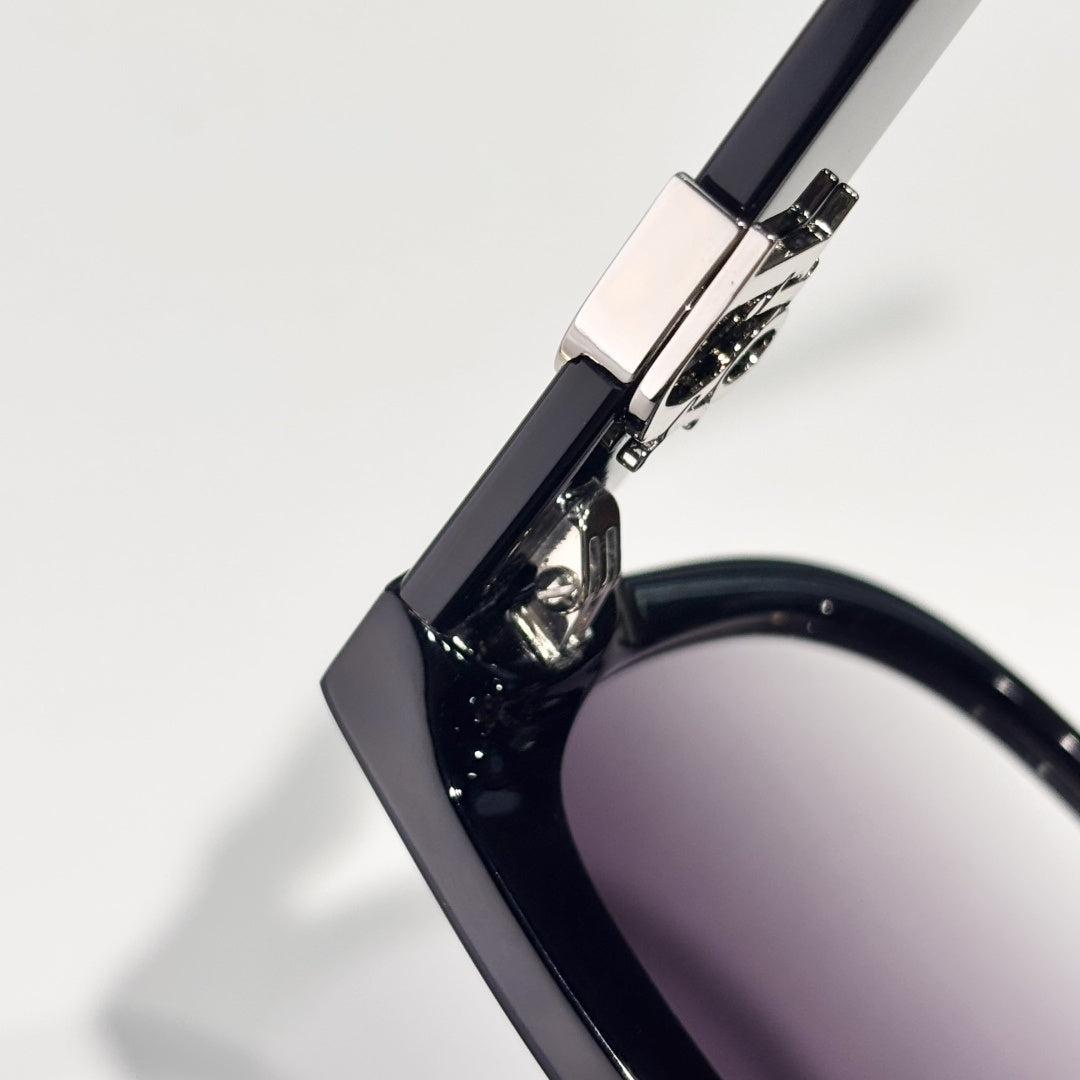 D**R Square Cat-Eye Sunglasses | Gloss Black Acetate Frame, Gold CD Letter Hinge Inlay, Gradient Grey Lenses