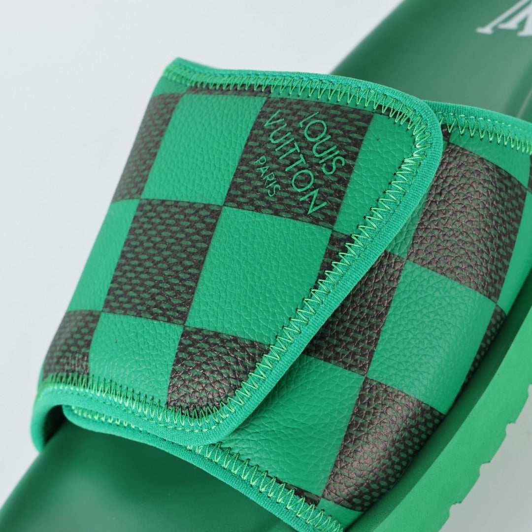 L***V Grass Green Black Damier Checkerboard Velcro Adjustable Wide Strap Miami Slide Sandals — Spring Summer Boutique Limited Edition
