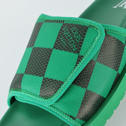 L***V Grass Green Black Damier Checkerboard Velcro Adjustable Wide Strap Miami Slide Sandals — Spring Summer Boutique Limited Edition