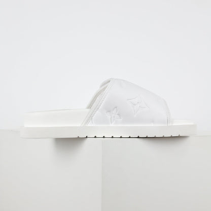 L***V Ivory White Inflated Pillow Leather Twisted Bow Ruched Strap Miami Slide Sandals — Spring Summer Boutique Limited Edition