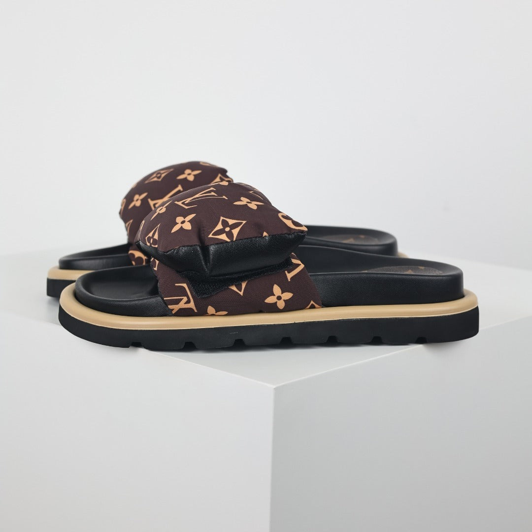 L***V Brown Monogram Canvas Puffy Quilted Wide Strap Platform Slide Sandals — 2024 Spring Summer Boutique Limited Edition
