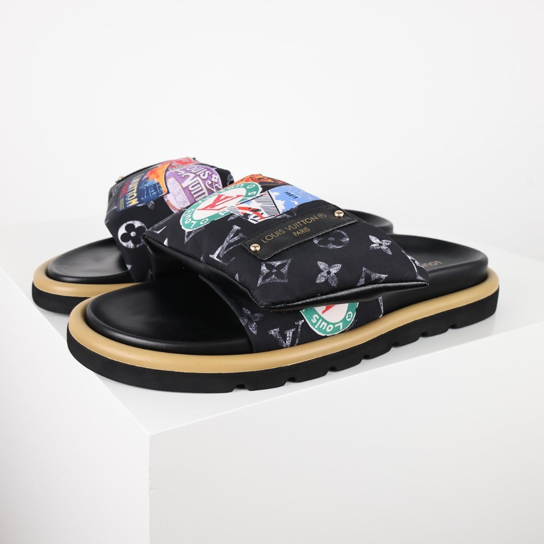 L***V Monogram Eclipse Black Multicolor Badge Patch Wide Strap Slide Sandals — Spring Summer Boutique Limited Edition