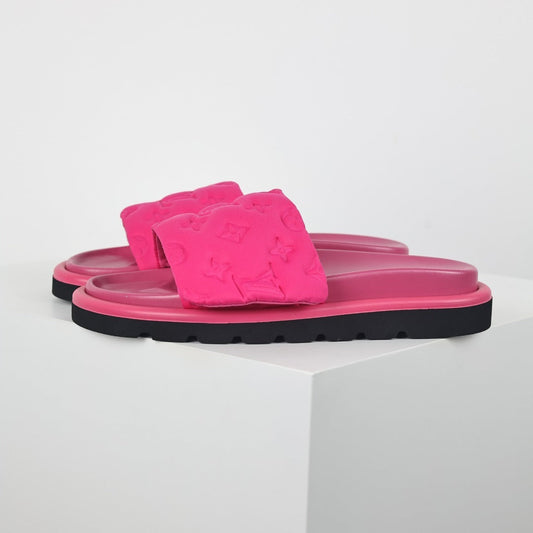 L***V Hot Pink Tonal Monogram Puffy Quilted Wide Strap Platform Slide Sandals — Spring Summer Boutique Limited Edition