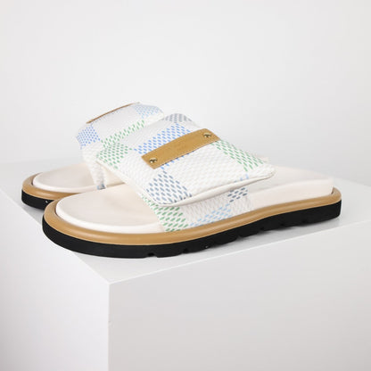 L***V White Mesh Woven Gold Bar Wide Strap Pool Pillow Comfort Slide Sandals — Spring Summer Boutique Limited Edition