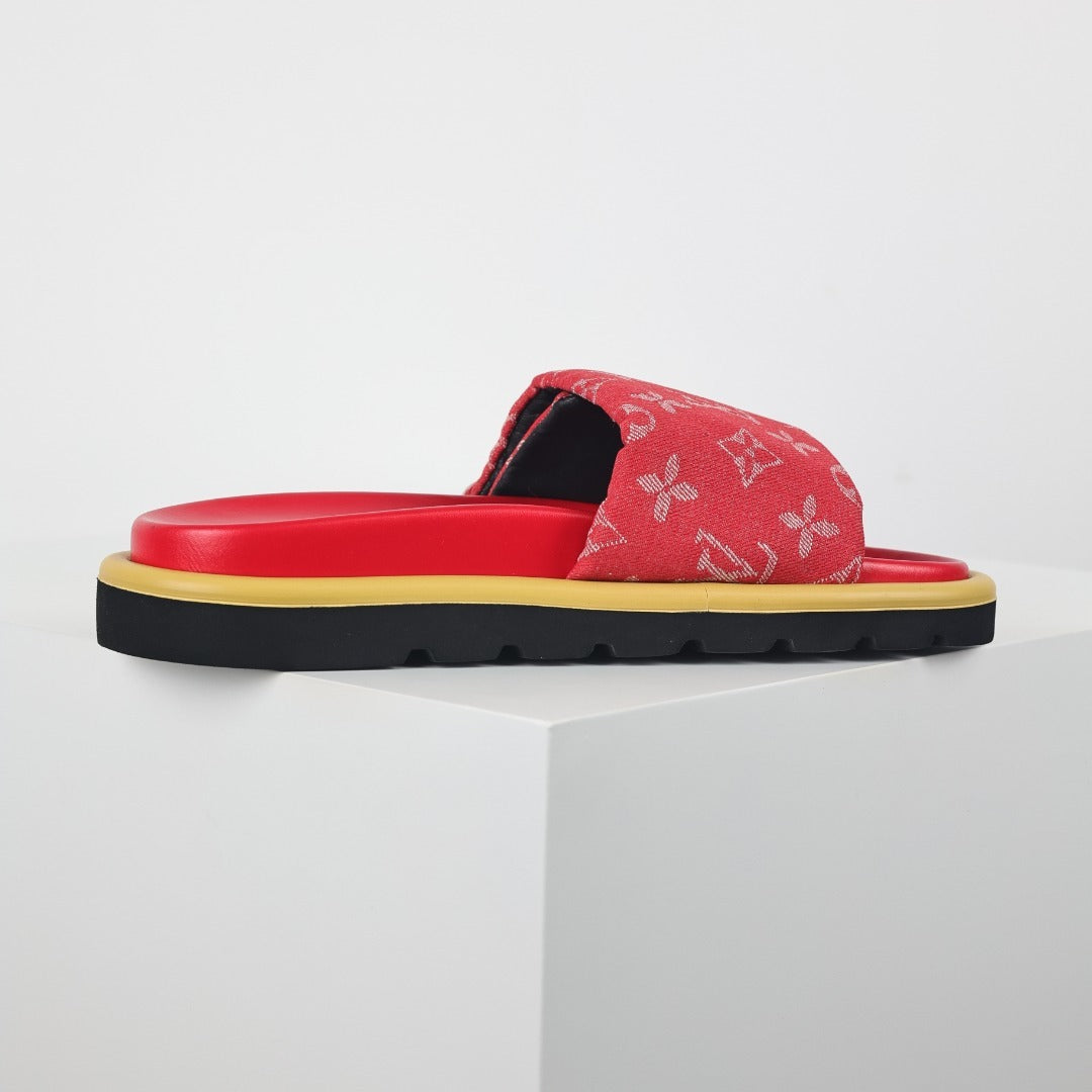 L***V Red Monogram Canvas Gold Safety Pin Double Strap Platform Slide Sandals — 2024 Spring Summer Boutique Limited Edition