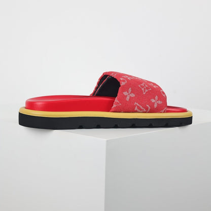 L***V Red Monogram Canvas Gold Safety Pin Double Strap Platform Slide Sandals — 2024 Spring Summer Boutique Limited Edition