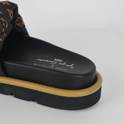 L***V Brown Monogram Canvas Multicolor Tassel Double Strap Platform Slide Sandals — Spring Summer Boutique Limited Edition