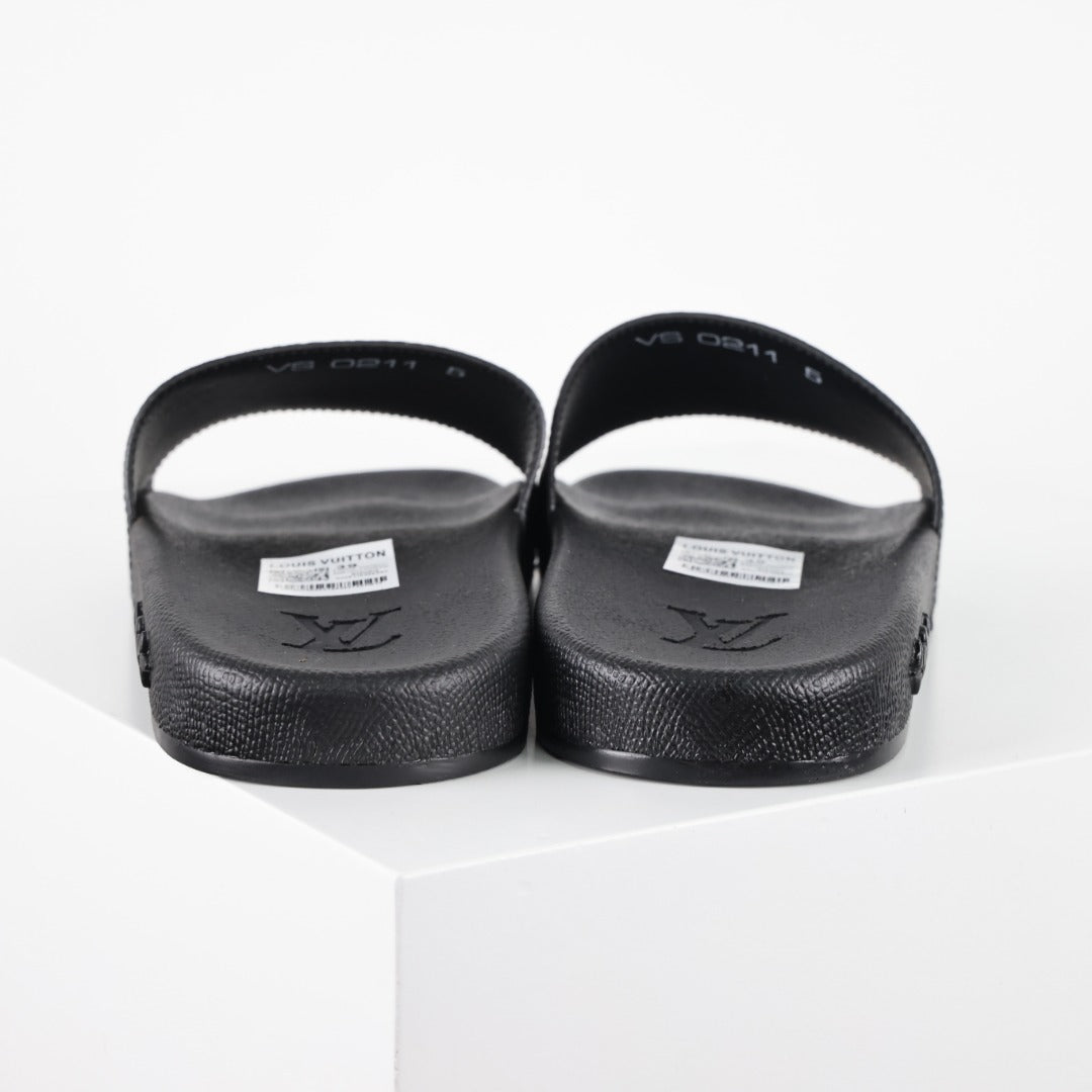 L***V Damier Graphite All-Black Waterfront Wide Strap Slide Sandals — Spring Summer Boutique Limited Edition