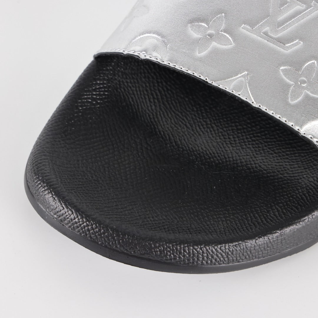 L***V Silver Mirror Metallic Embossed Monogram Waterfront Wide Strap Slide Sandals — Spring Summer Boutique Limited Edition