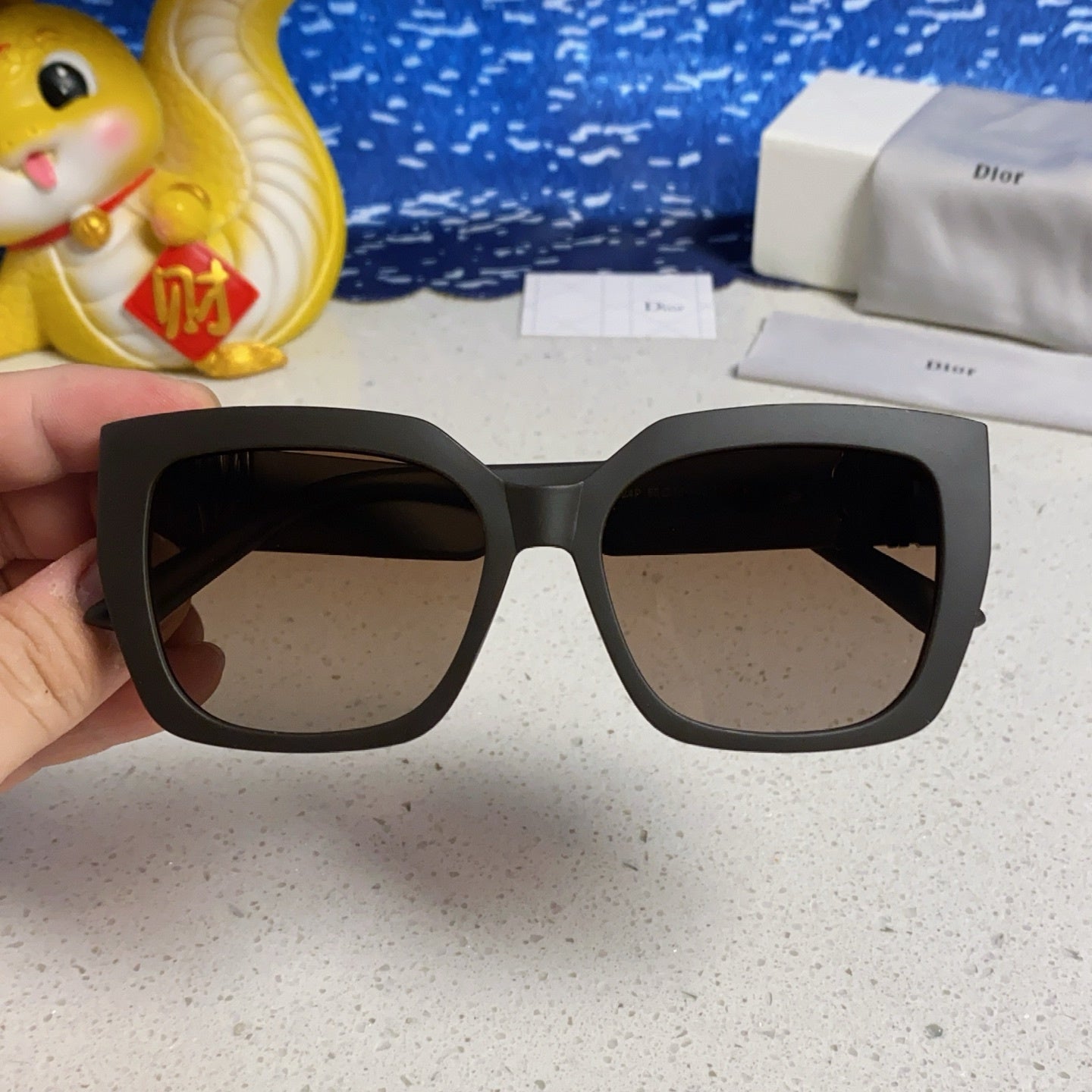 D**R MissDior Thick Square Sunglasses | Black Acetate Frame, Brown Gradient Lenses & Bold Logo Temple