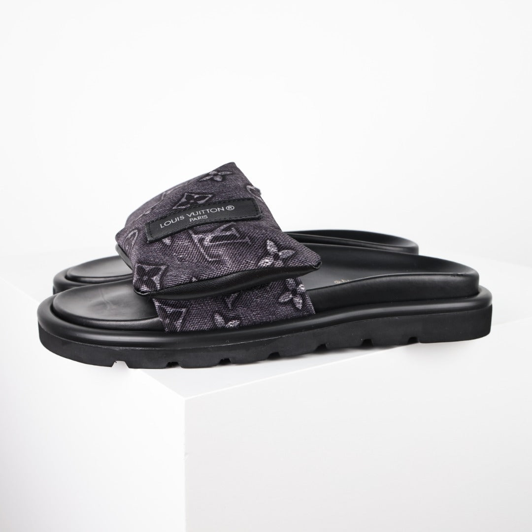 L***V Dark Grey Monogram Nylon Pool Pillow Comfort Wide Strap Slide Sandals — Spring Summer Boutique Limited Edition