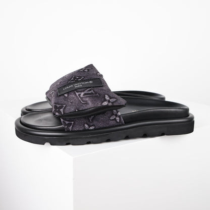 L***V Dark Grey Monogram Nylon Pool Pillow Comfort Wide Strap Slide Sandals — Spring Summer Boutique Limited Edition