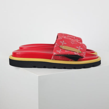 L***V Red Monogram Canvas Gold Safety Pin Double Strap Platform Slide Sandals — 2024 Spring Summer Boutique Limited Edition