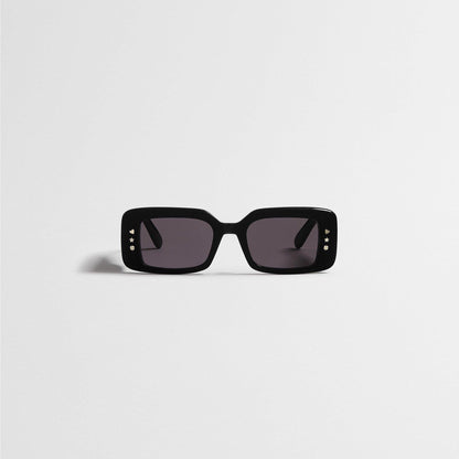 D**R Slim Rectangular Sunglasses | Glossy Black Frame, Dark Grey Lenses & Silver Logo Temple